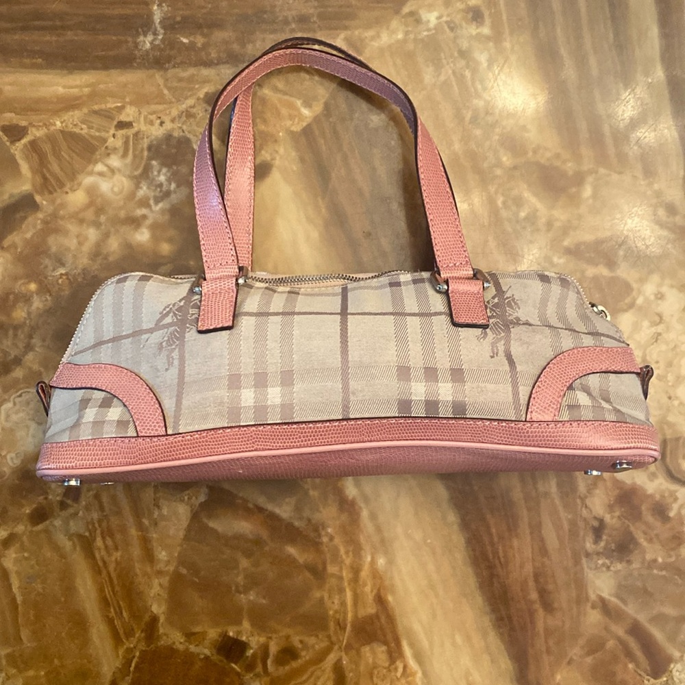 Burberry Beige Check Shoulder Bag with Pink Leather Trim